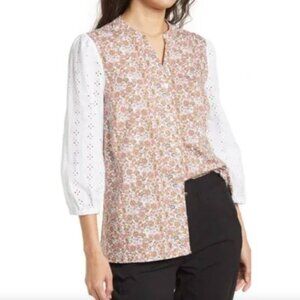 H by HALSTON Size Medium Eyelet 3/4 Sleeve Blouse In Vintage Floral Pink